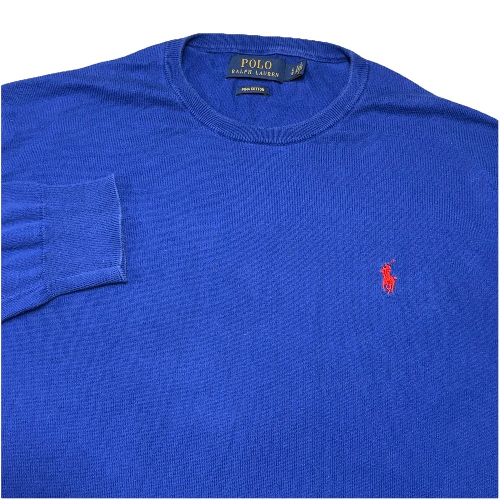 Polo Ralph Lauren Sweater Mens Large Blue Pima Cotton Crewneck Pullover Red Pony